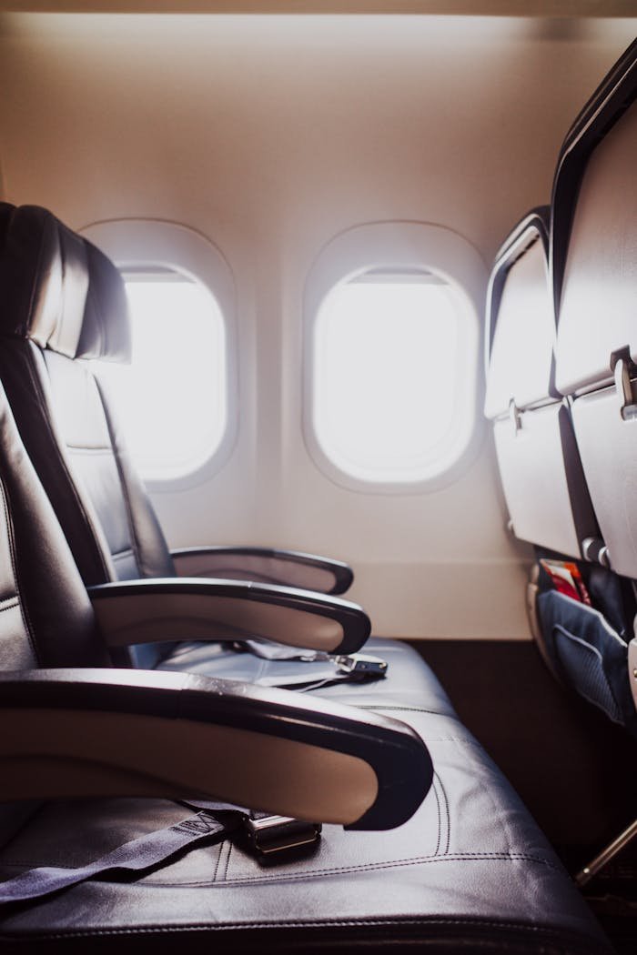 Comfortable leather seats in an airplane cabin next to windows, ready for travel.