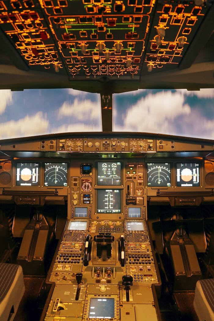 Interior view of an advanced airplane cockpit with illuminated control panels and displays.